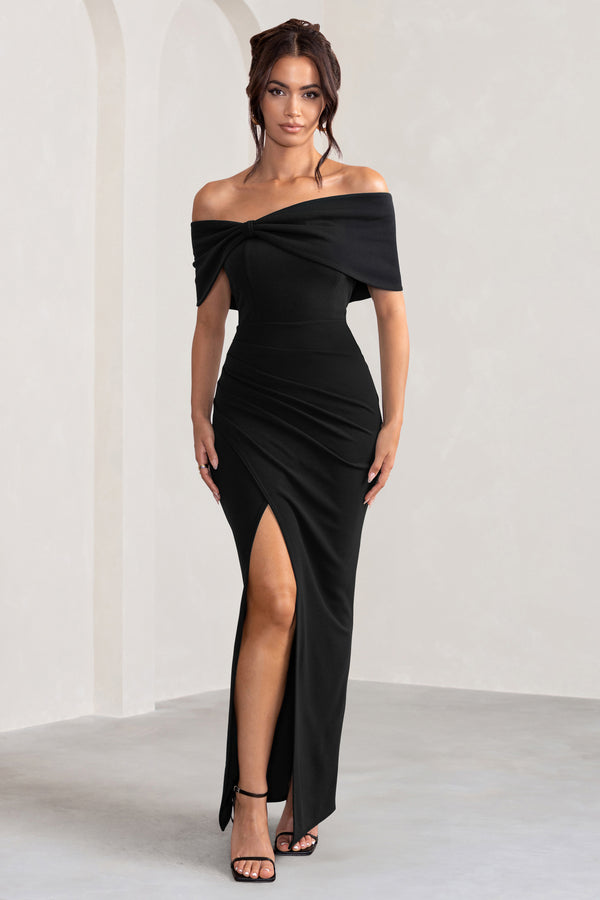 club l Eva Black Bardot Bow Detail Maxi Dress With Thigh Split