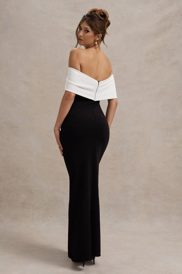 Club L Eva Black & White Bardot Bow Detail Maxi Dress With Thigh Split