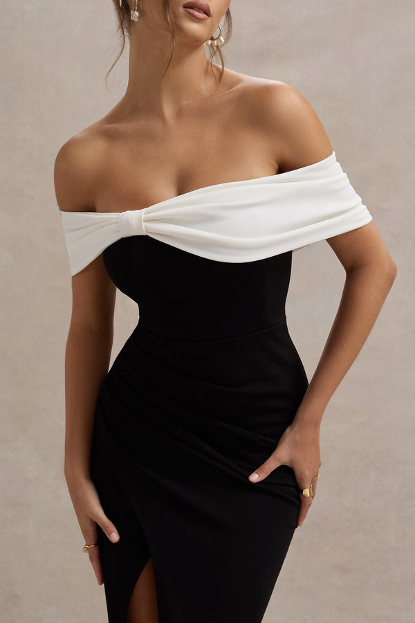 Club L Eva Black & White Bardot Bow Detail Maxi Dress With Thigh Split