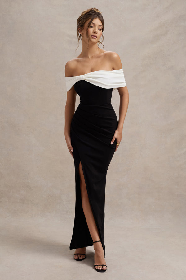 club l Eva Black & White Bardot Bow Detail Maxi Dress With Thigh Split