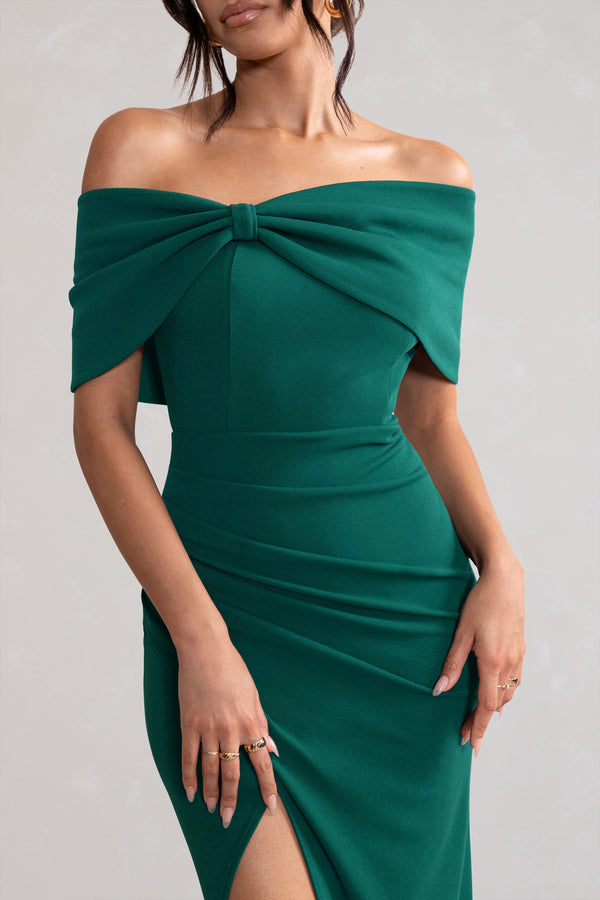 Club L Eva Green Bardot Bow Detail Maxi Dress With Thigh Split