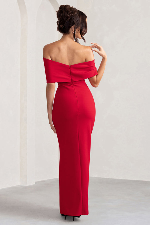 Club L Eva Red Bardot Bow Detail Maxi Dress With Thigh Split