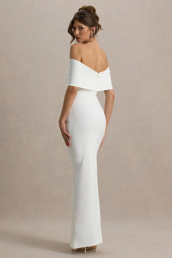 Club L Eva White Bardot Bow Detail Maxi Dress With Thigh Split