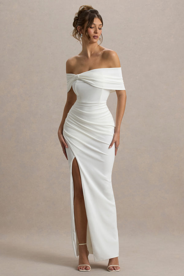Club L Eva White Bardot Bow Detail Maxi Dress With Thigh Split