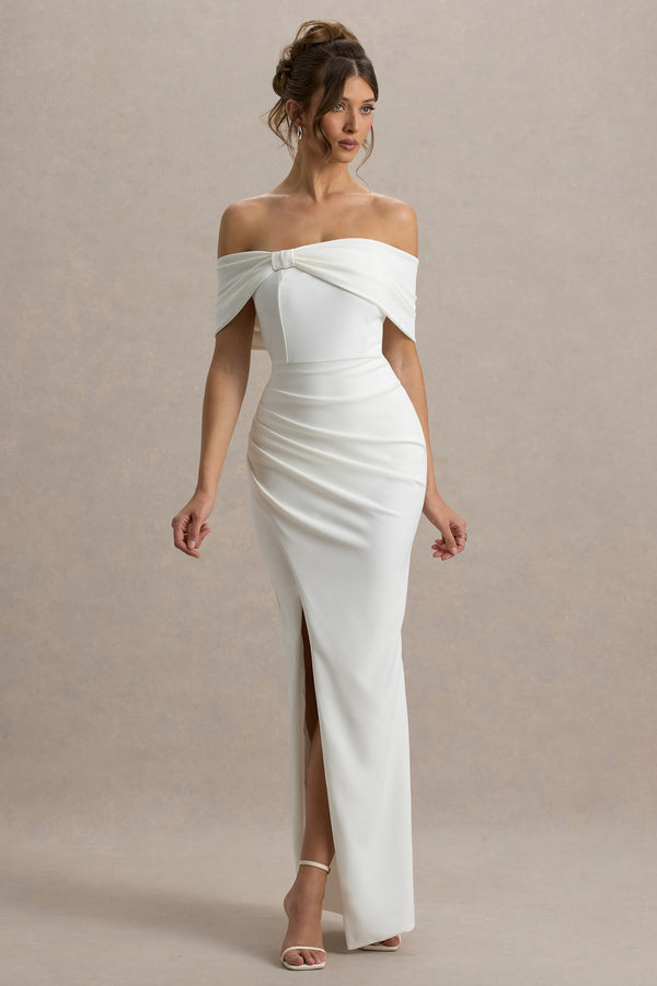 Club L Eva White Bardot Bow Detail Maxi Dress With Thigh Split