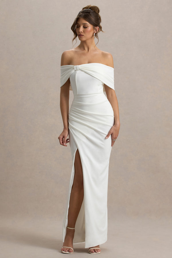 club l Eva White Bardot Bow Detail Maxi Dress With Thigh Split