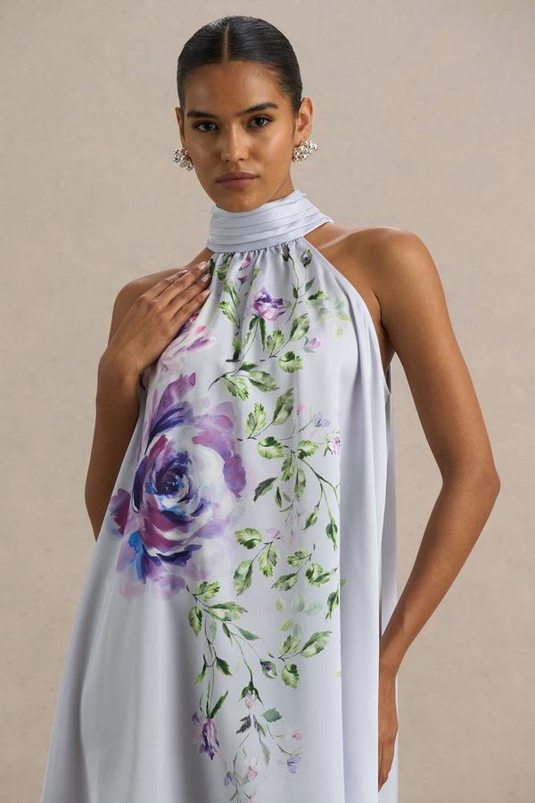 Club L Evita Powder Blue Rose Print High-Neck A-Line Mini Dress With Bow