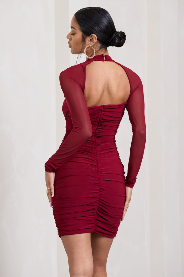 Club L Eyes On You Berry Long Sleeve Halter Neck Mini Dress