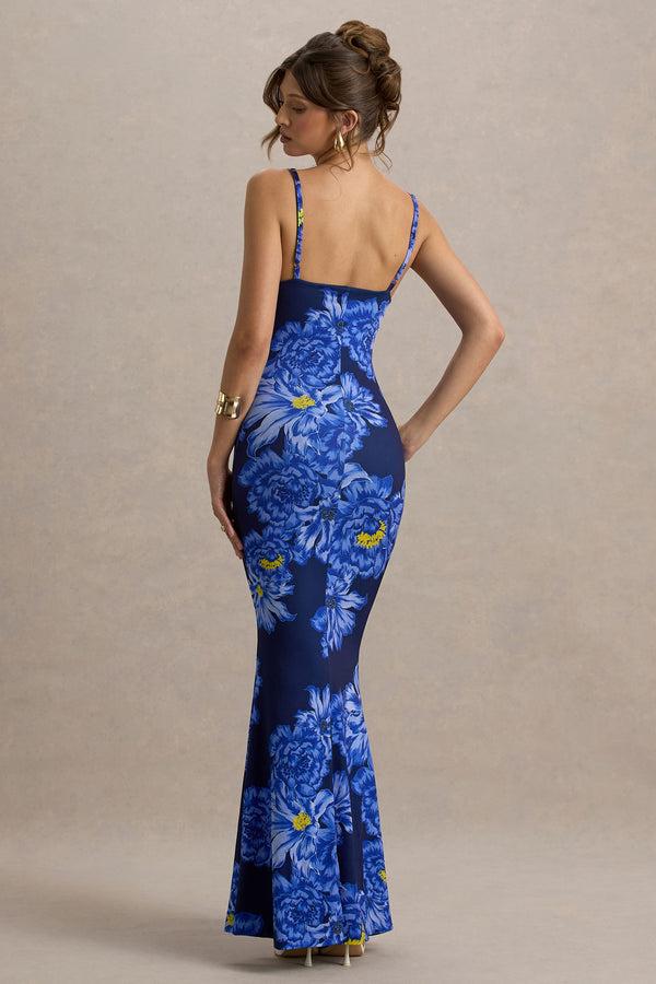 Club L Farah Blue Floral Print Plunge Neck Maxi Dress With Split Detail