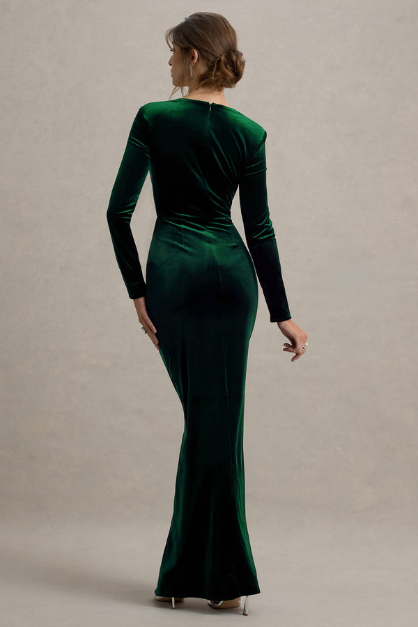 Club L Fay Bottle Green Velvet Corset Style Knot Maxi Dress