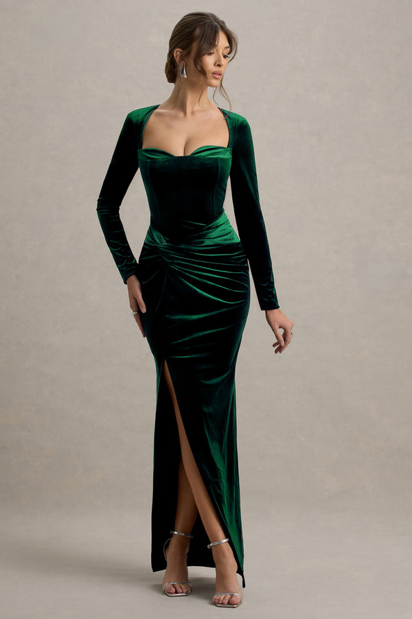 club l Fay Bottle Green Velvet Corset Style Knot Maxi Dress