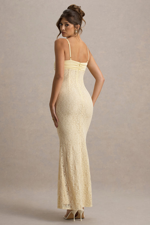 Club L Felicia Pale Lemon Satin Sweetheart Maxi Dress With Lace Details