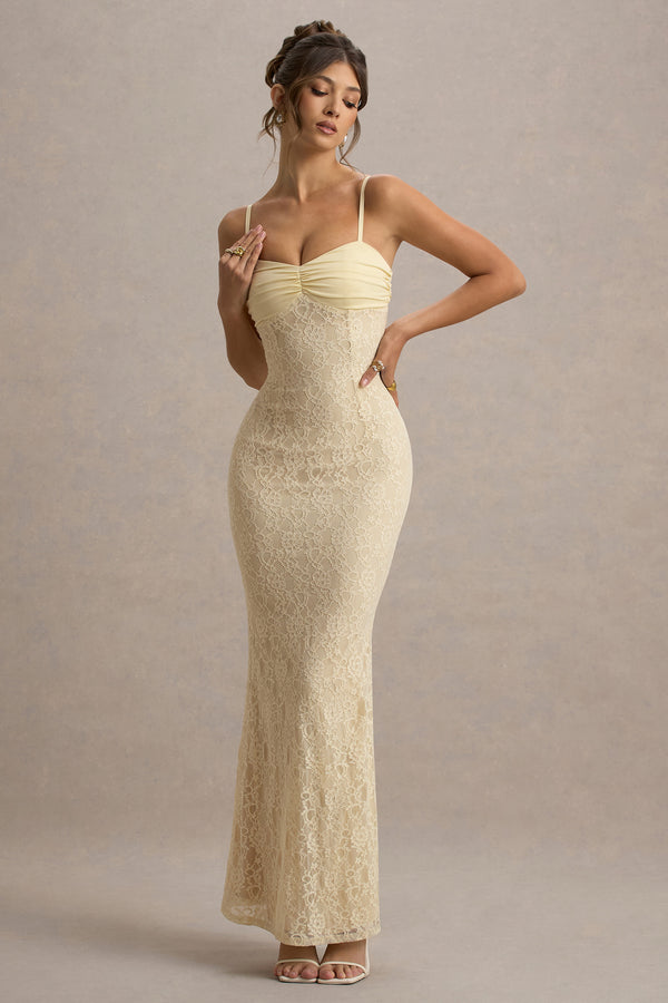 Club L Felicia Pale Lemon Satin Sweetheart Maxi Dress With Lace Details