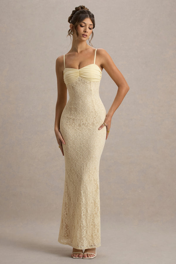 club l Felicia Pale Lemon Satin Sweetheart Maxi Dress With Lace Details