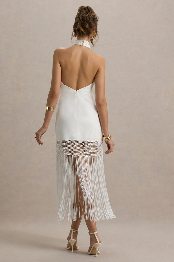 Club L Fiametta Ecru Linen Halter-Neck Fringe Maxi Dress