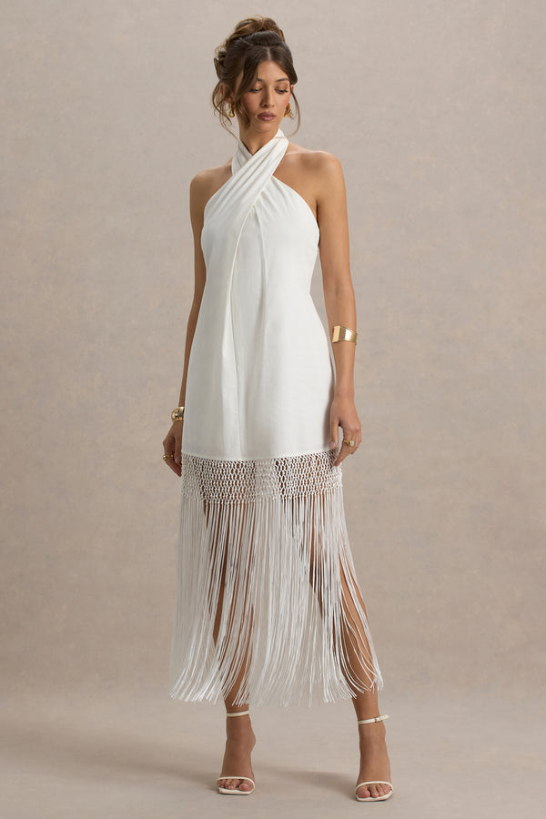 Club L Fiametta Ecru Linen Halter-Neck Fringe Maxi Dress