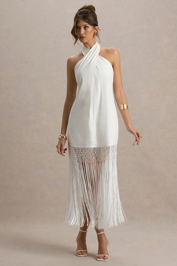 club l Fiametta Ecru Linen Halter-Neck Fringe Maxi Dress