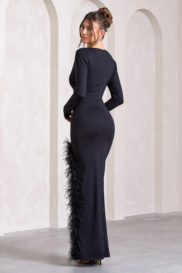 Club L Finale Black Feather Plunge Neck Thigh Split Maxi Dress