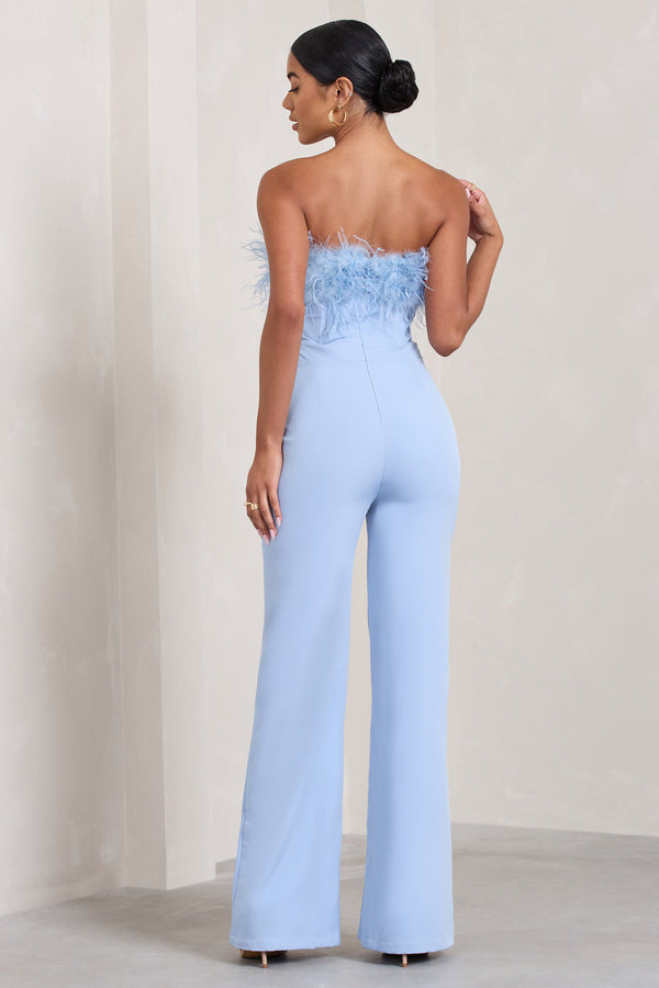 Club L First Class Blue Bandeau Feather Wide Leg Jumpsuit