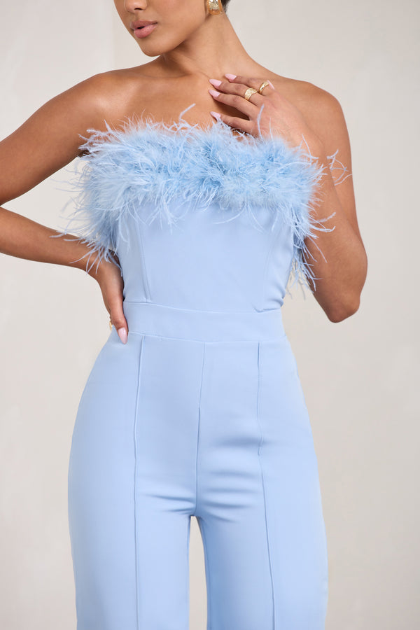 Club L First Class Blue Bandeau Feather Wide Leg Jumpsuit