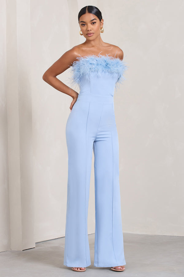 Club L First Class Blue Bandeau Feather Wide Leg Jumpsuit