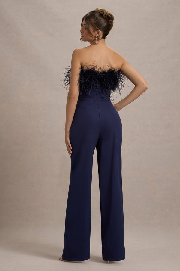 Club L First Class Navy Bandeau Feather Wide Leg Jumpsuit