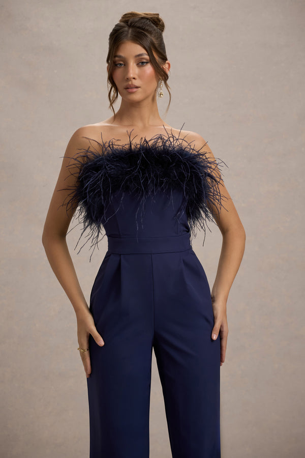 Club L First Class Navy Bandeau Feather Wide Leg Jumpsuit