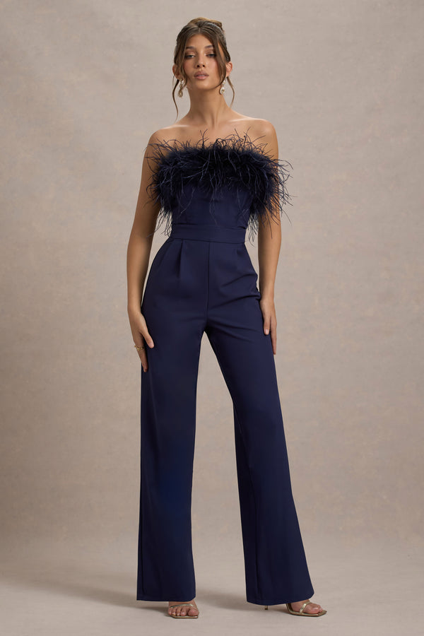Club L First Class Navy Bandeau Feather Wide Leg Jumpsuit