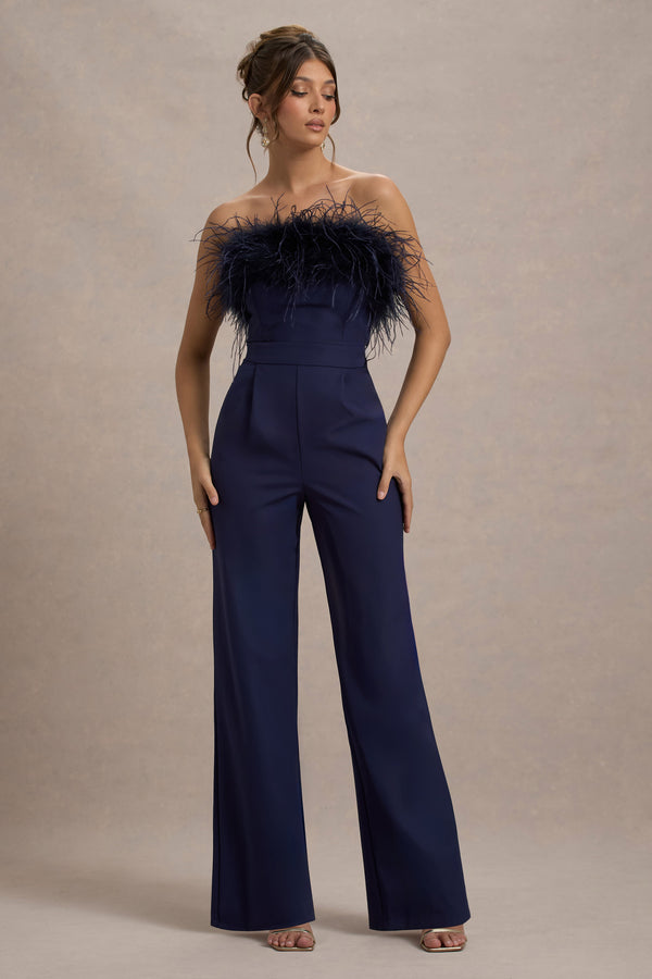 club l First Class Navy Bandeau Feather Wide Leg Jumpsuit