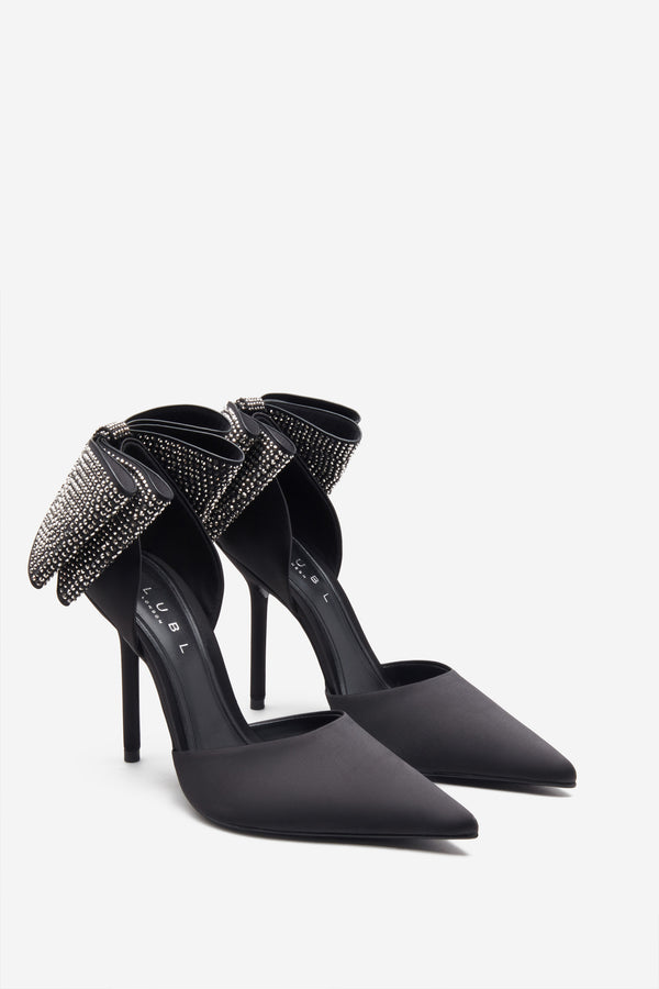 Club L Flashing Lights Black Satin Pointed Court Heels With Diamante Bows