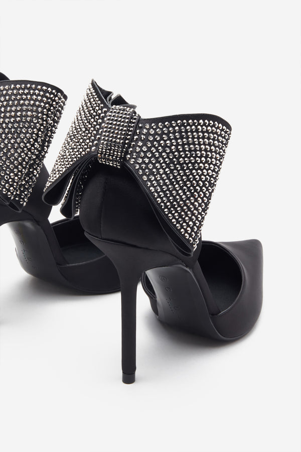 Club L Flashing Lights Black Satin Pointed Court Heels With Diamante Bows