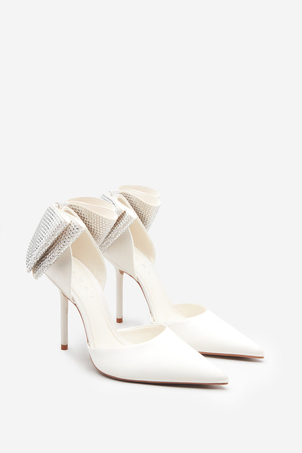 Club L Flashing Lights Ivory Satin Pointed Court Heels With Diamante Bows