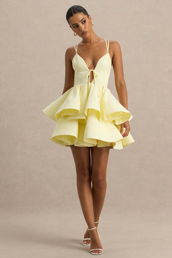 Club L Flavia Lemon Linen Plunge-Neck Ruffled Skater Micro-Mini Dress