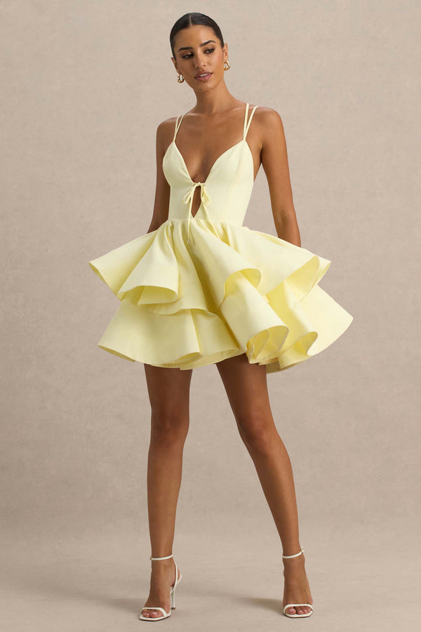 club l Flavia Lemon Linen Plunge-Neck Ruffled Skater Micro-Mini Dress