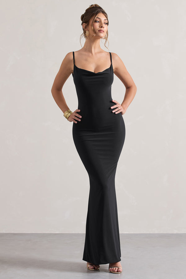 Club L Francoise Black Cowl Neck Backless Maxi Dress With Lace Insert