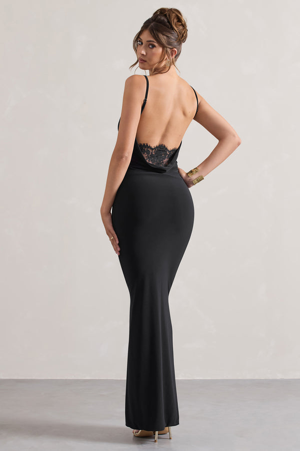 club l Francoise Black Cowl Neck Backless Maxi Dress With Lace Insert