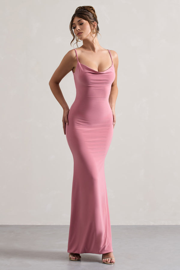 Club L Francoise Blush Cowl Neck Backless Maxi Dress With Lace Insert