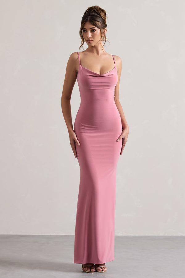 Club L Francoise Blush Cowl Neck Backless Maxi Dress With Lace Insert