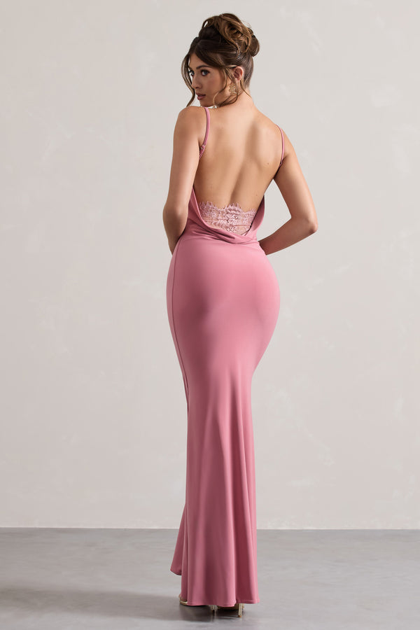 club l Francoise Blush Cowl Neck Backless Maxi Dress With Lace Insert