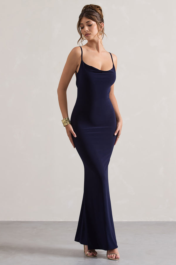Club L Francoise Navy Cowl Neck Backless Maxi Dress With Lace Insert
