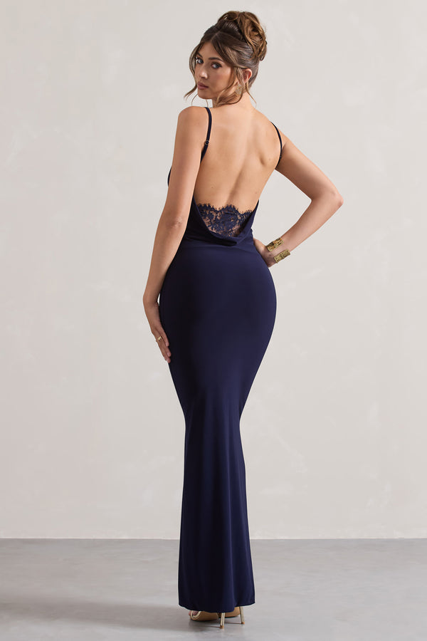 club l Francoise Navy Cowl Neck Backless Maxi Dress With Lace Insert