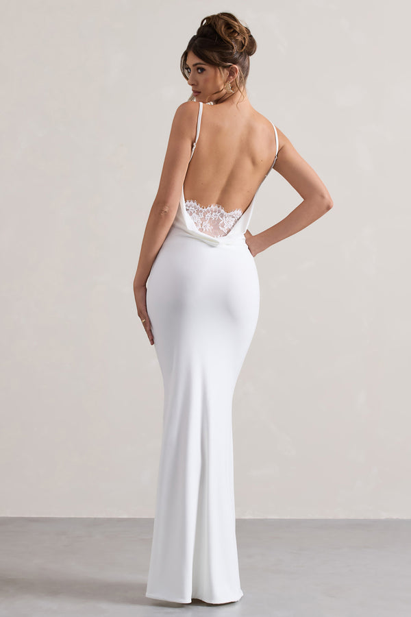Club L Francoise White Cowl Neck Backless Maxi Dress With Lace Insert