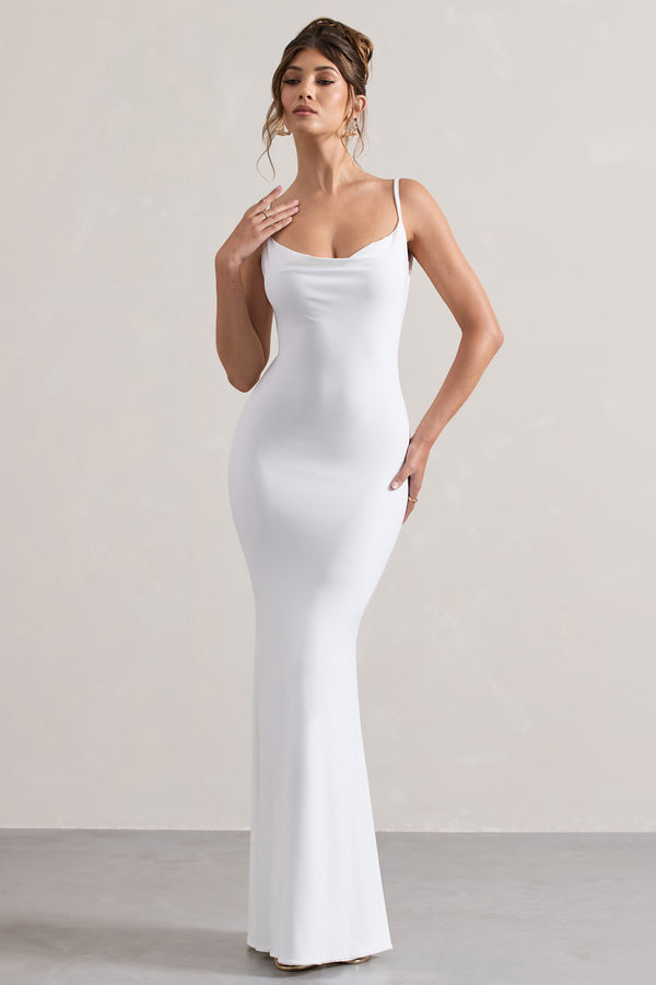 Club L Francoise White Cowl Neck Backless Maxi Dress With Lace Insert