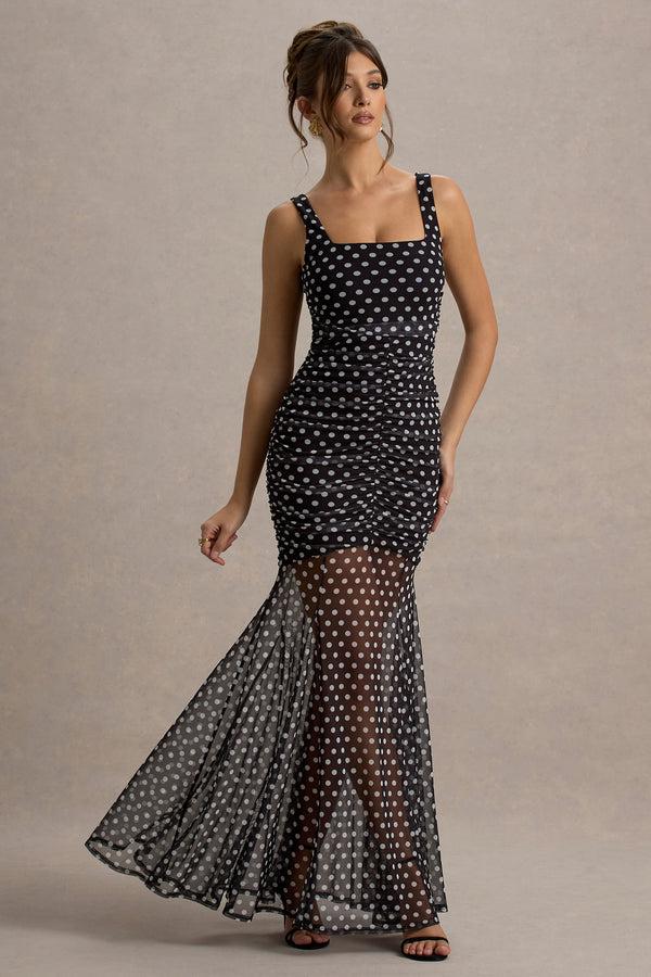 Club L Galaxia Black & White Polka Dot Maxi Dress With Mesh Skirt