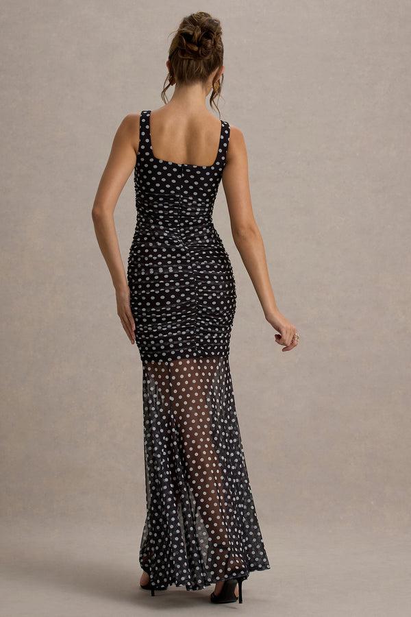 Club L Galaxia Black & White Polka Dot Maxi Dress With Mesh Skirt