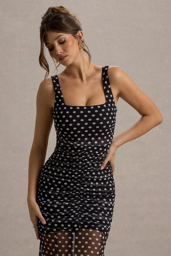 Club L Galaxia Black & White Polka Dot Maxi Dress With Mesh Skirt