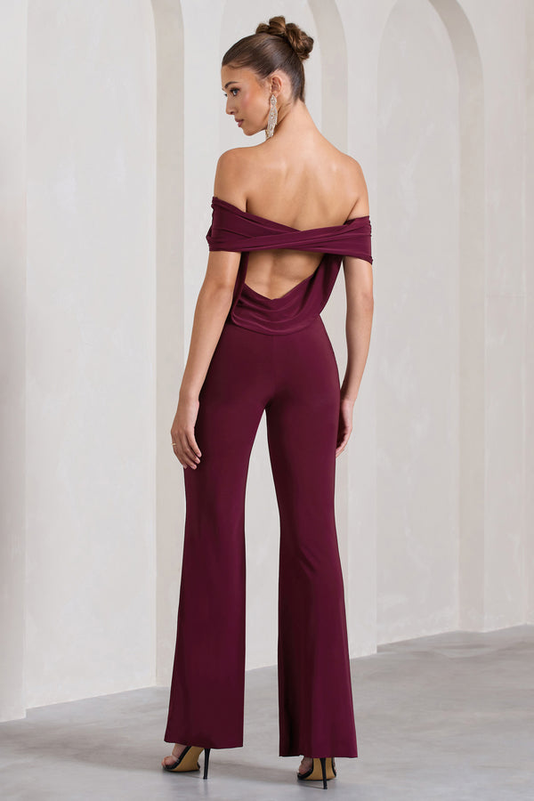 Club L Gemma Burgundy Bardot Open-Back Flared-Leg Jumpsuit