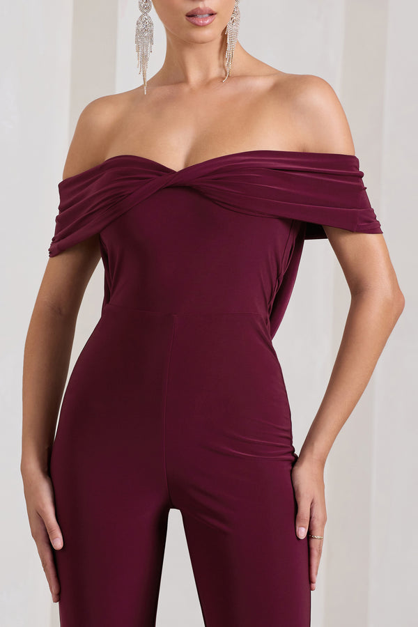 Club L Gemma Burgundy Bardot Open-Back Flared-Leg Jumpsuit