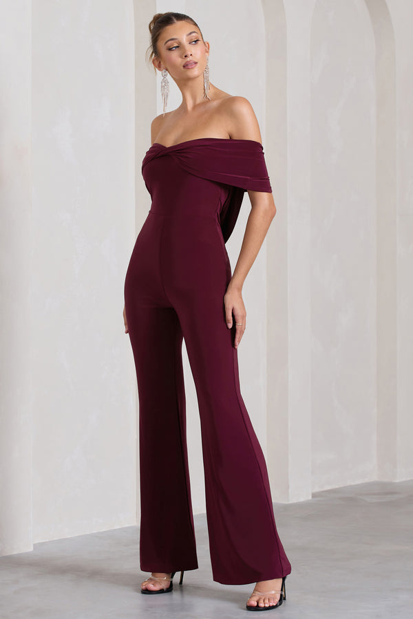 Club L Gemma Burgundy Bardot Open-Back Flared-Leg Jumpsuit
