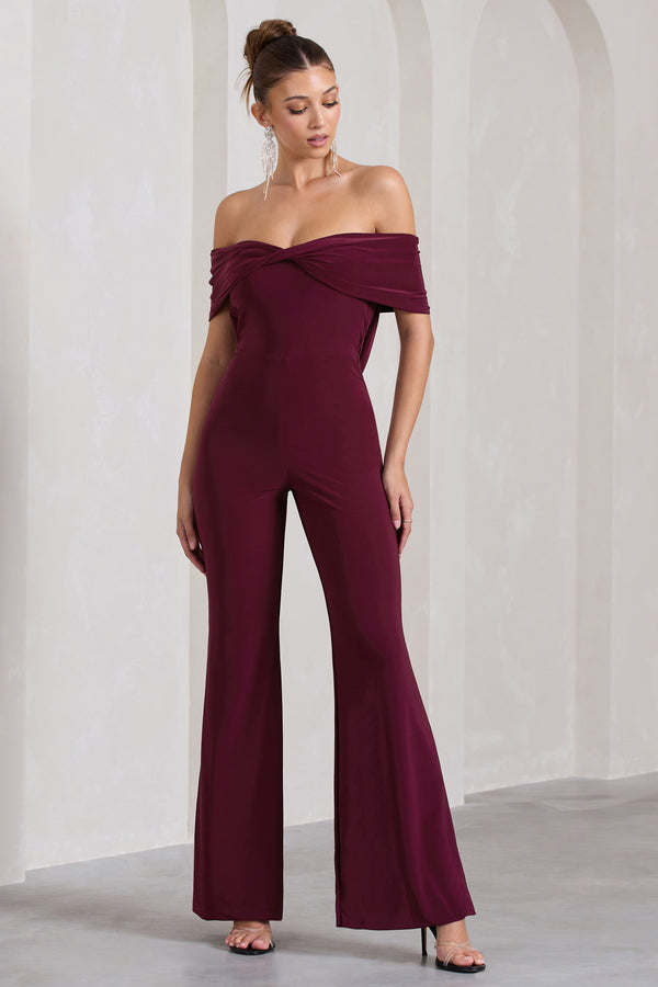 club l Gemma Burgundy Bardot Open-Back Flared-Leg Jumpsuit